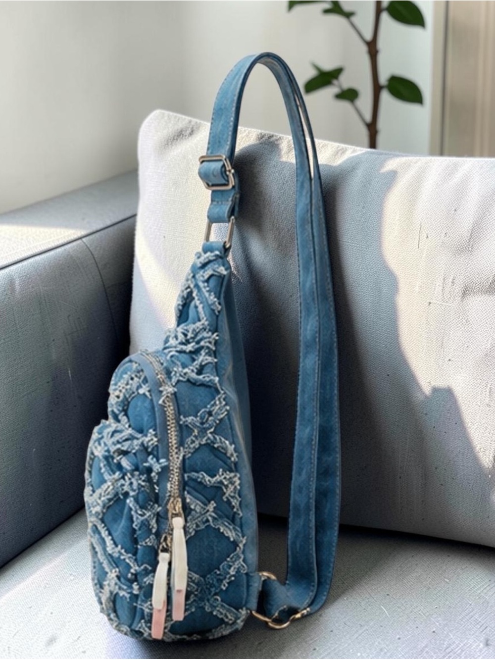 Wildfox Denim Blue Quilted Fringe Crossbody Sling Bag - Picture 4 of 5